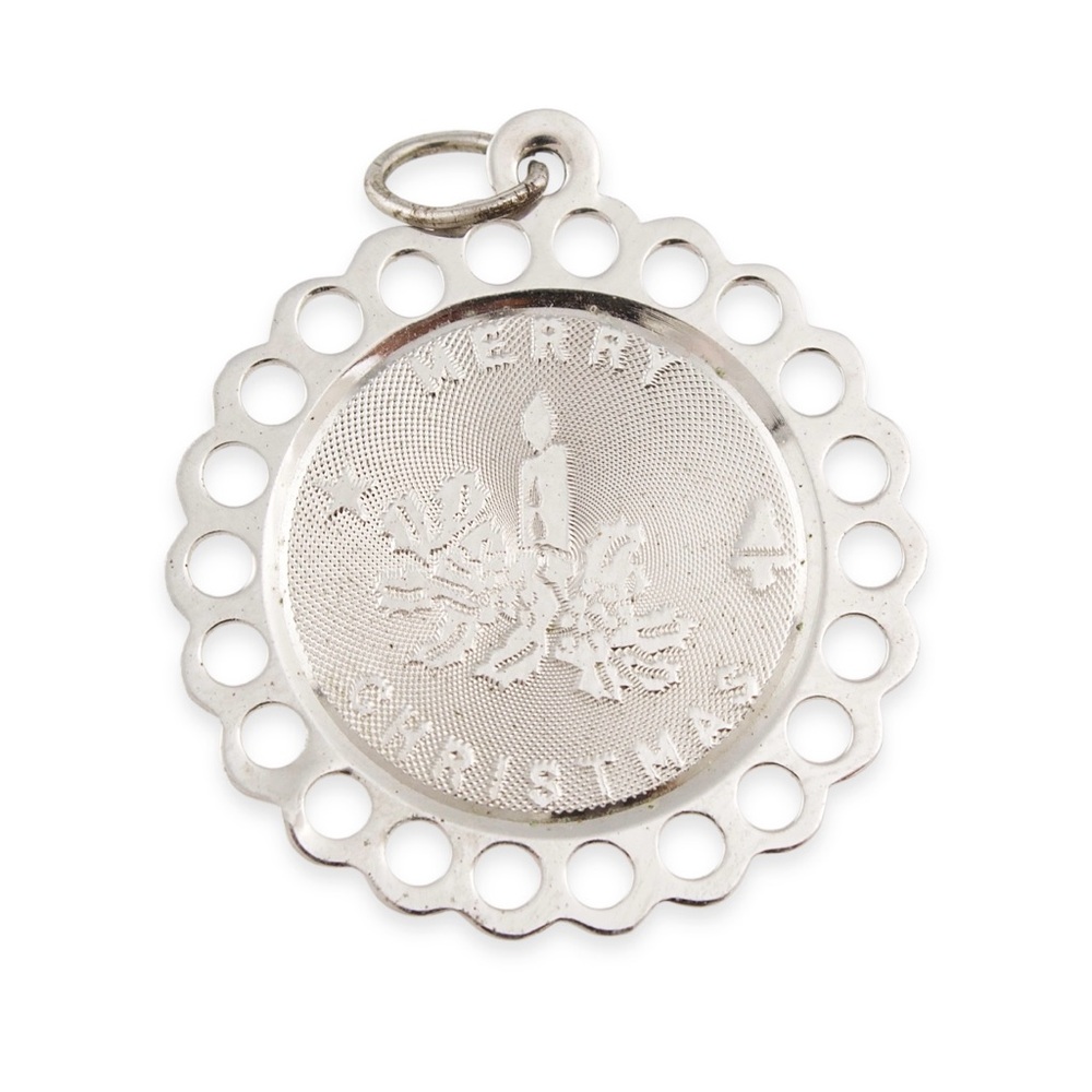 Vintage Sterling Silver Merry Christmas Charm / Pendant Retro Winter Holiday